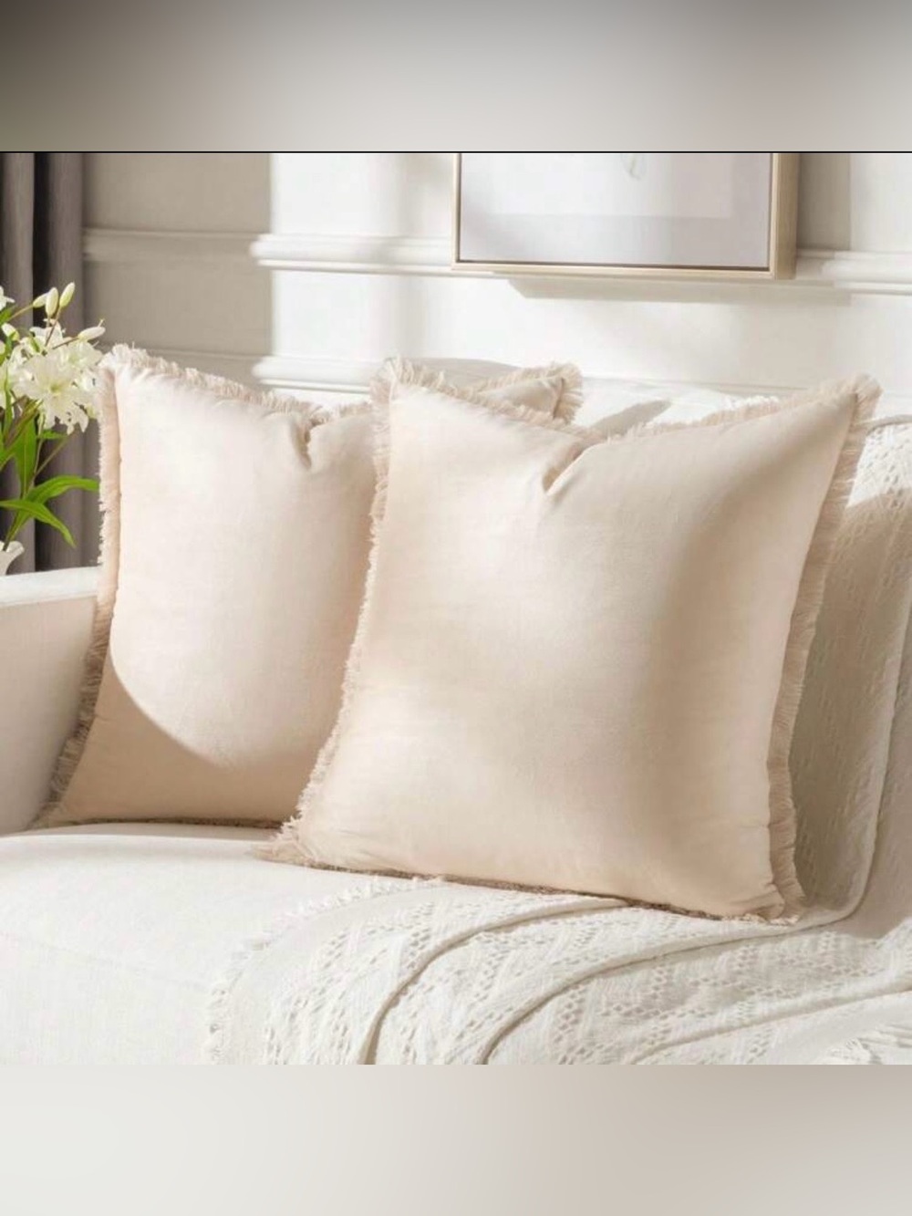 Fringed Square Throw Pillow Pair in Soft Beige